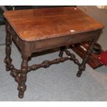 A Victorian carved oak library table with two small drawers, turned legs and H-stretcher, 95cm by