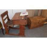 A pine school room desk together with a Victorian pine dome topped trunk, 90cm by 45cm by 52cm