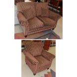 A red and gold striped two seater settee together with a matching armchair