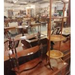 An inlaid mahogany folding cake stand together with a three tier mahogany hanging shelf, and two