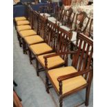 Two sets of four George V dining chairs, one set with barley twist supports including a carver