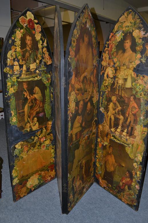 A Victorian four-fold scrap work modesty screen, each panel 187cm by 60cm