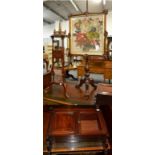 A Victorian carved mahogany pole screen, a mahogany hanging cupboard and a reproduction washstand (