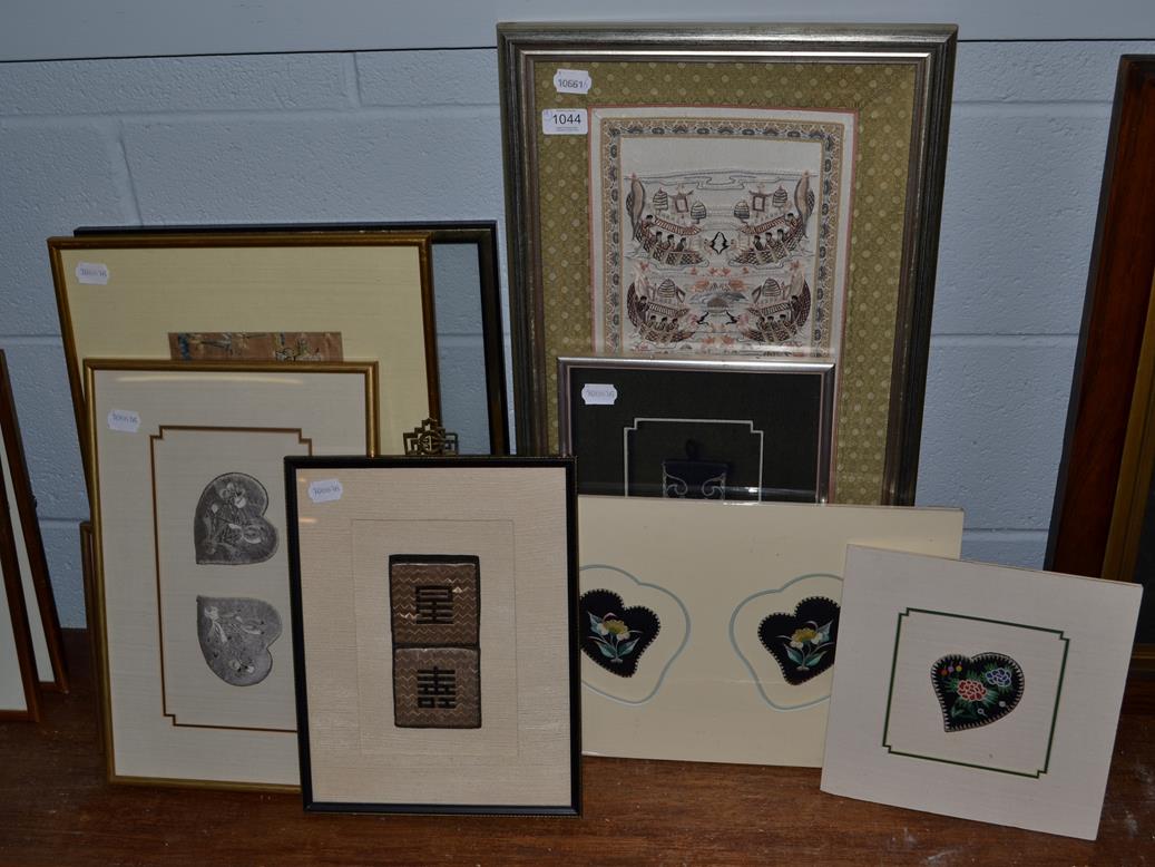 Nine various Chinese embroideries, including a fragment from a wedding robe cicra 1860 mostly framed