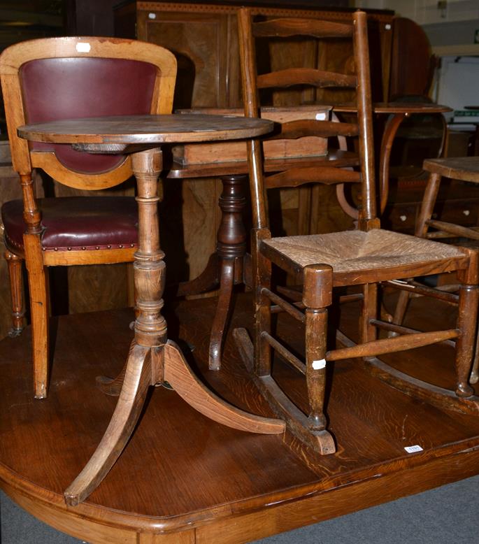 A 19th century rush seated rocking chair, a George III tripod table, (2)
