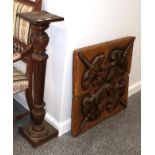 ~ A continental hardwood pedestal, 106cm high, together with a decorative carved relief wood