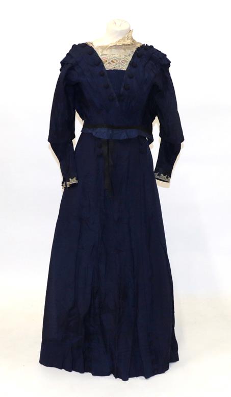 19th Century Ladies' Two Piece Costume, comprising a blue silk bodice with woven buttons to the