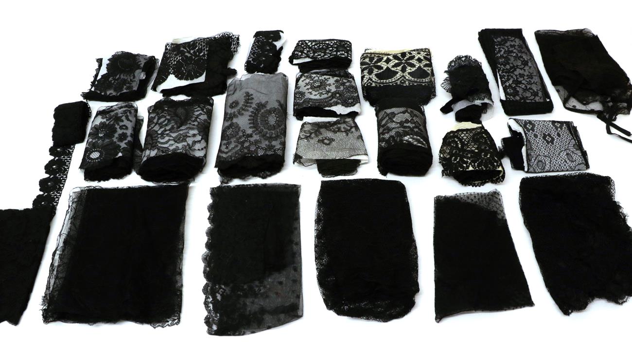 Assorted 19th/20th Century Black Lace, comprising four bonnet veils, another in Chantilly lace;