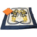 Hermes Silk Scarf 'Brides de Gala', on a white ground and navy border, 89cm square, in original box.