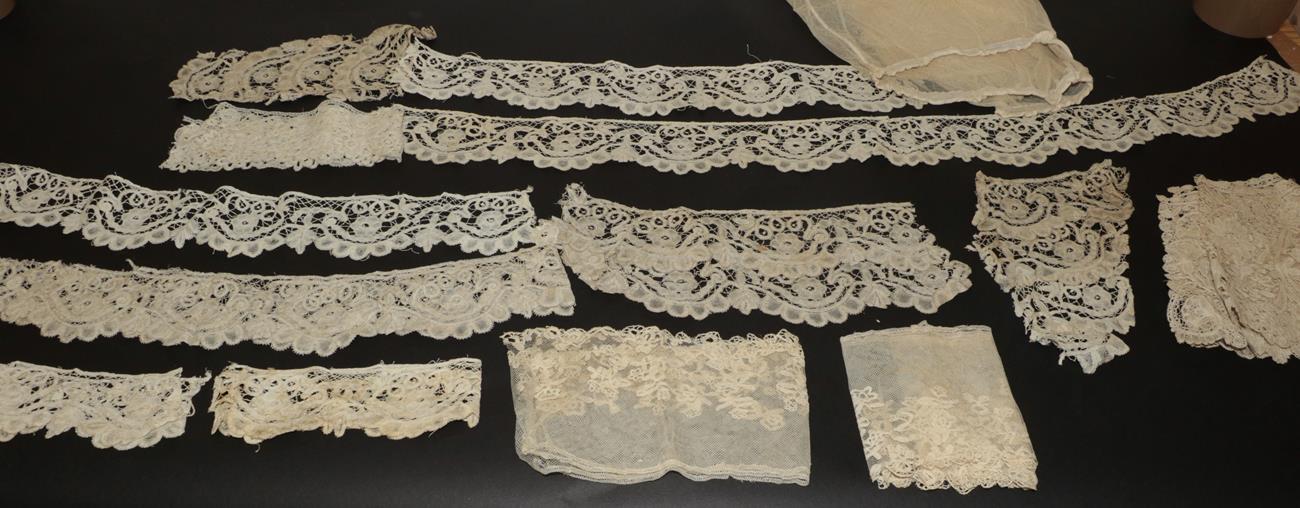 Assorted Mainly 19th Century Lace, comprising a Brussels type large lace collar; cream net modesty