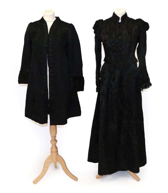 Victorian Costume, including a black figured silk two-piece of fitted bodice with long sleeves,