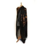 Early 20th Chinese Black Silk Shawl, embroidered overall with orange and peach silk chrysanthemums