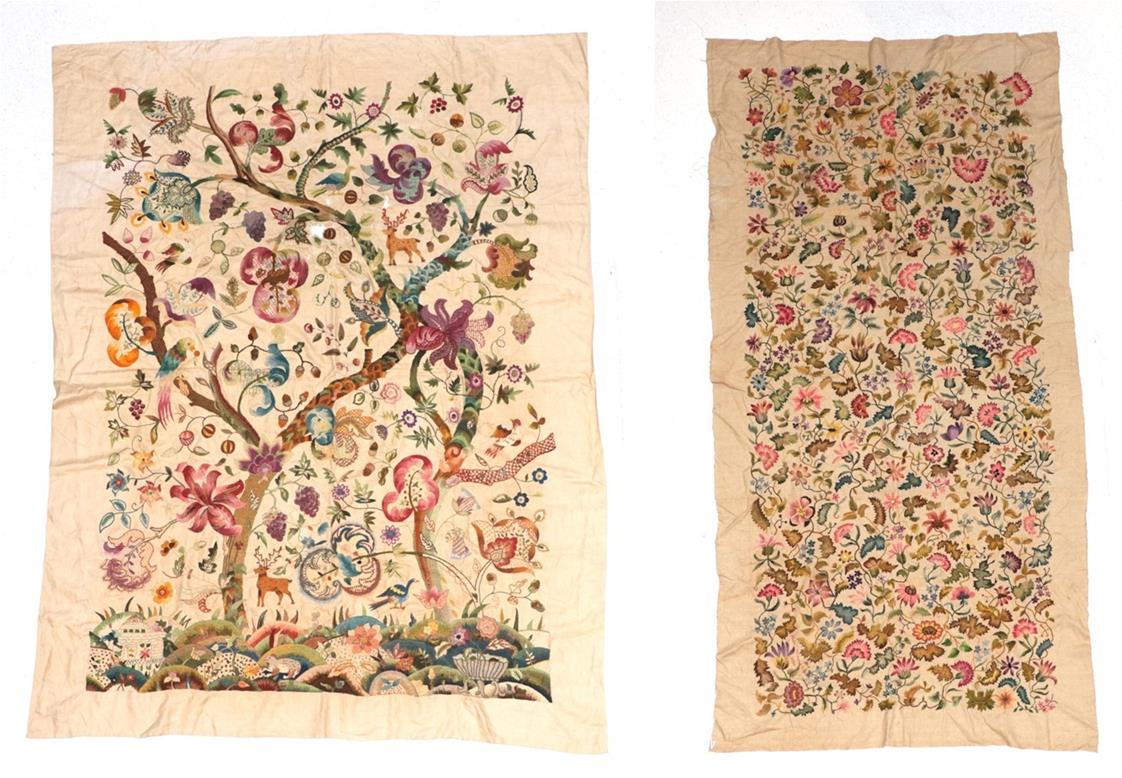 Large Circa 1940s Wool Work Panel, decorated with a central tree, with a foreground of flowers,