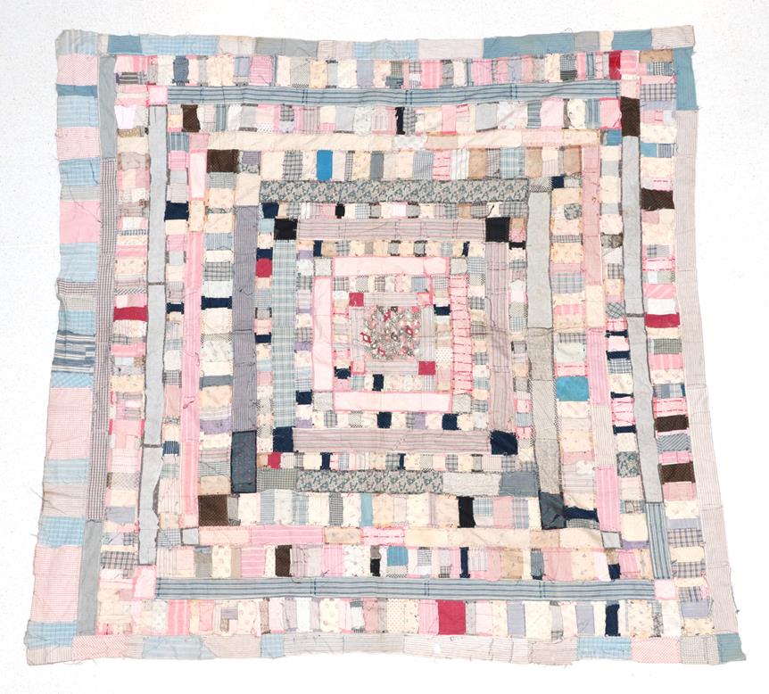 A 19th Century Patchwork Cover, comprising a central square within frames of rectangles and stripes, - Image 2 of 2