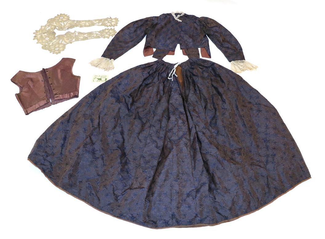 Victorian Purple Silk Brocade Two Piece Outfit with Accessories, comprising a long sleeved bodice