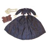 Victorian Purple Silk Brocade Two Piece Outfit with Accessories, comprising a long sleeved bodice