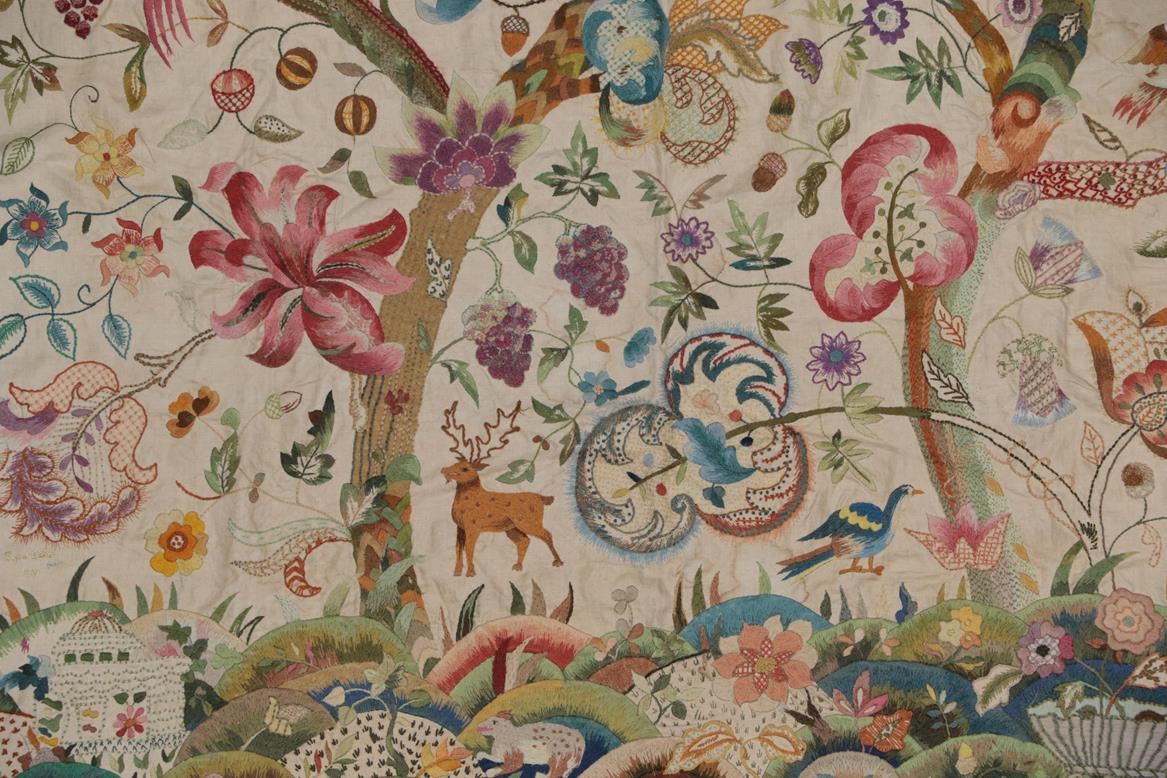 Large Circa 1940s Wool Work Panel, decorated with a central tree, with a foreground of flowers, - Image 4 of 12