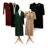 Circa 1930-40s Ladies' Day and Other Dresses, comprising a black textured short-sleeved dress