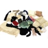 Assorted Ladies' Costume Accessories, including silk and other shawls, gloves, velvet neck ties