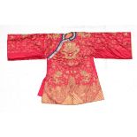 Early 20th Century Chinese Red Silk Robe, embroidered overall in gilt metal threads with dragons,