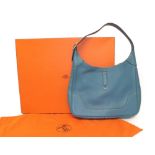 Hermes Blue Leather Clemence Shoulder Bag, with white contrast stitching, chrome hardware, stamped