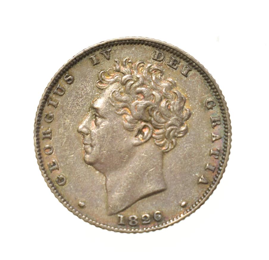 George IV, 1826 Sixpence. Obv: Bare head of George IV left. Rev: Lion on crown. S. 3815.