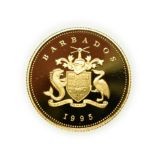 Barbados, 1995 10 Dollars. 7.78 g 14ct gold. Obv: National crest of Barbados. Rev: 1923 engagement