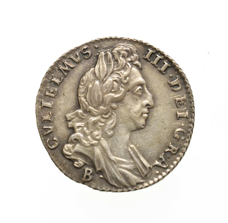 William III, 1697 Bristol Mint Sixpence. Obv: Laureate and draped bust right, B below for Bristol