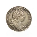 William III, 1697 Bristol Mint Sixpence. Obv: Laureate and draped bust right, B below for Bristol