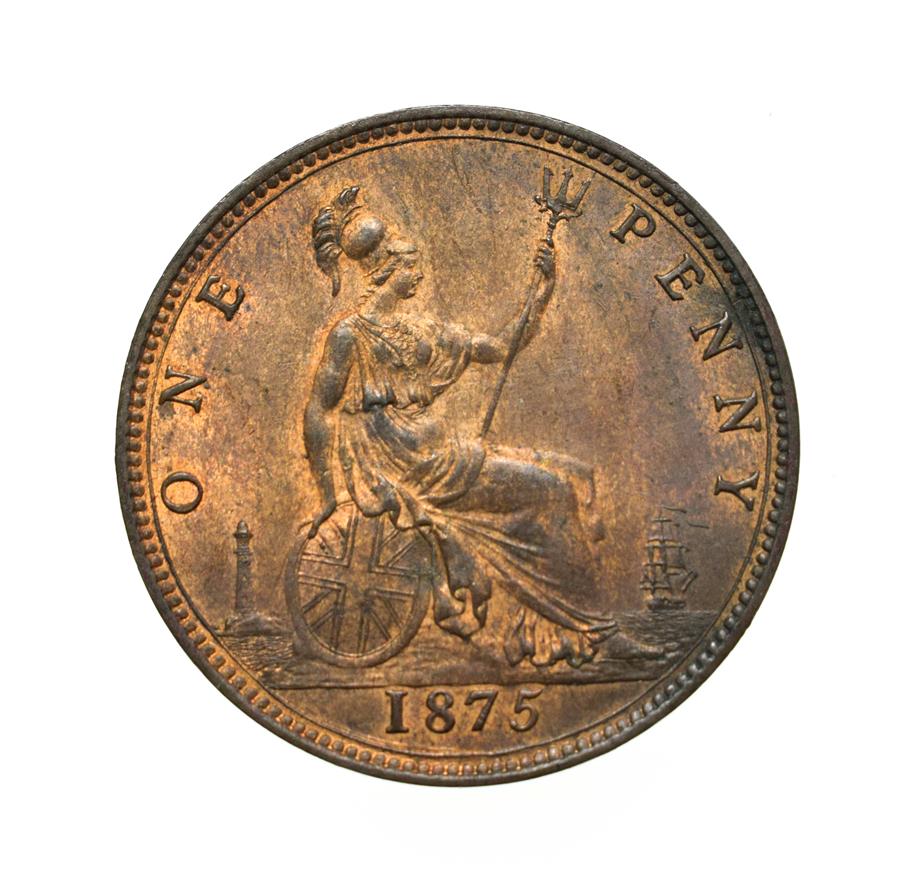 Victoria, 1875 Penny. ''Bun head'' type. Obv:8, laureate and draped bust left, hair tied in a bun. - Image 2 of 2