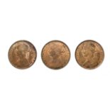 3 x Victoria, Pennies, 1883, 1884, 1886. ''Bun head'' type. Obv: Laureate and draped bust left, hair