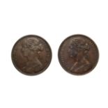 Victoria, 2 x Pennies, 1870, 1872. ''Bun head'' type. Obv: 6, Laureate and draped bust left, hair