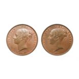 Victoria, 2 x Young Head Pennies, 1846, 1847. Obvs: Young head left, W.W. on truncation, dates