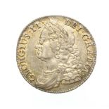 George II, 1743 Shilling. Obv: Laureate and draped bust of George II left. Rev: Cruciform shields,