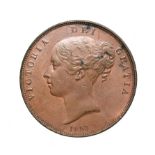 Victoria, 1853 Penny. Obv: Young head left, W.W. on truncation, 1853 below. Rev: Britannia seated