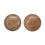 Victoria, 2 x Young Head Pennies, 1858, 1858/7. Obv: Young head left, W.W. on truncation, dates