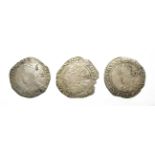 3 x Charles I Shillings consisting of: 1638 - 1639 shilling. 6.19g, 30.5mm, 3h. Tower mint under the