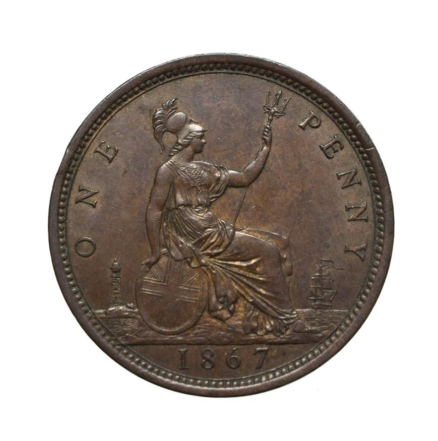 Victoria, 1867 Penny. ''Bun head'' type. Obv: 6, Laureate and draped bust left, hair tied in a - Image 2 of 2