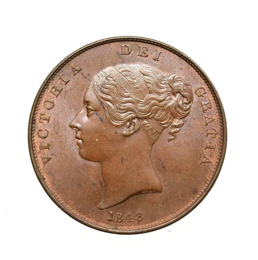 Victoria, 1848/7 Penny. Obv: Young head left, W.W. on truncation, 1848/7 below. Rev: Britannia