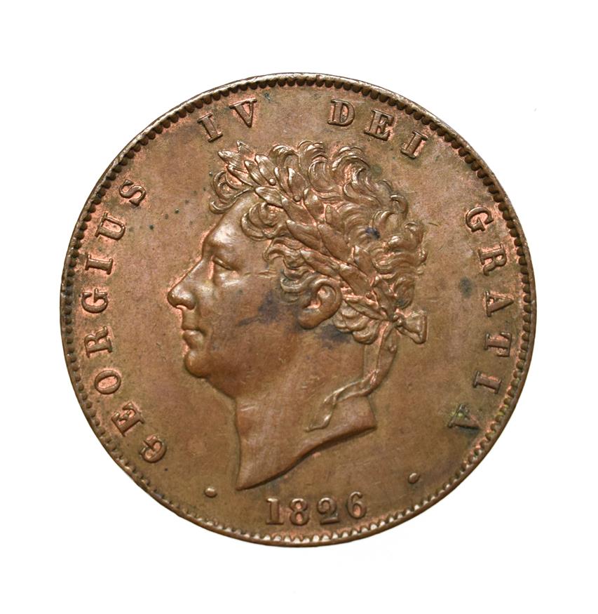 George IV, 1826 Halfpenny. Obv: Laureate head of George IV left. Rev: Britannia seated left. S.