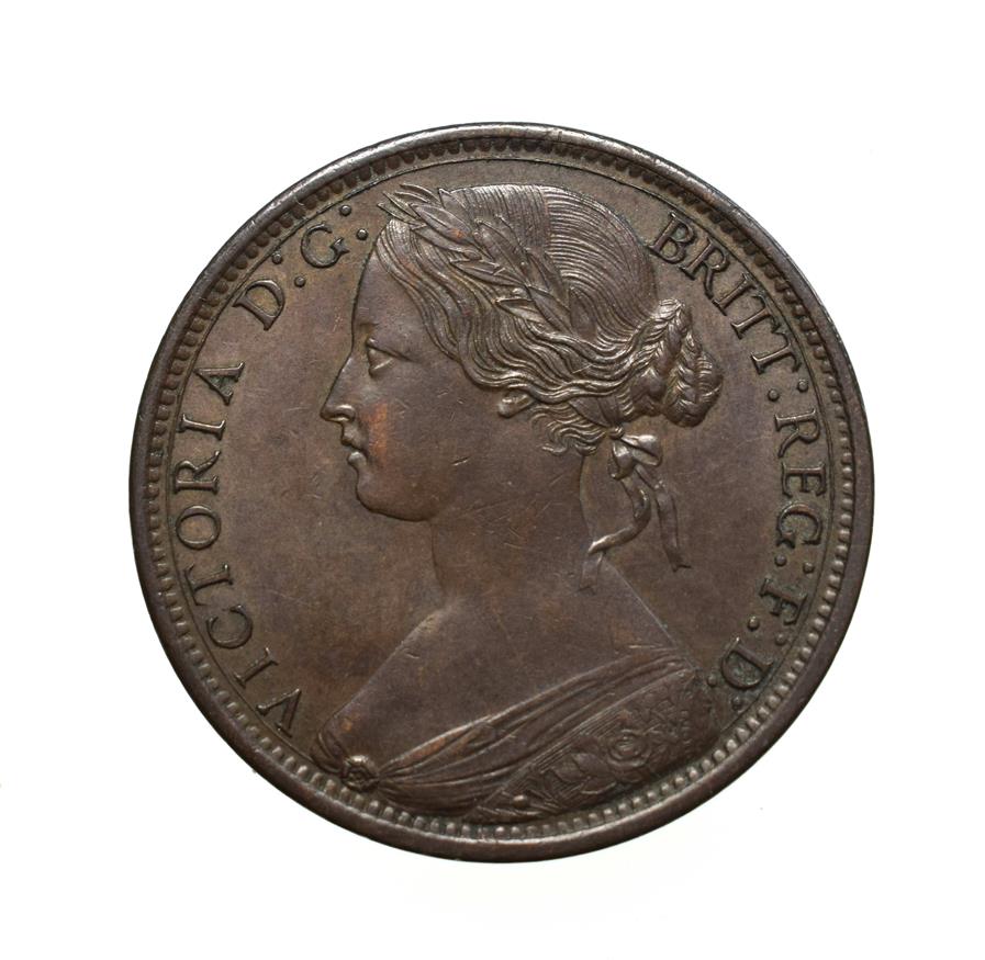 Victoria, 1867 Penny. ''Bun head'' type. Obv: 6, Laureate and draped bust left, hair tied in a