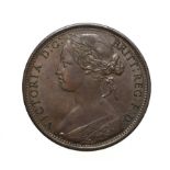 Victoria, 1867 Penny. ''Bun head'' type. Obv: 6, Laureate and draped bust left, hair tied in a