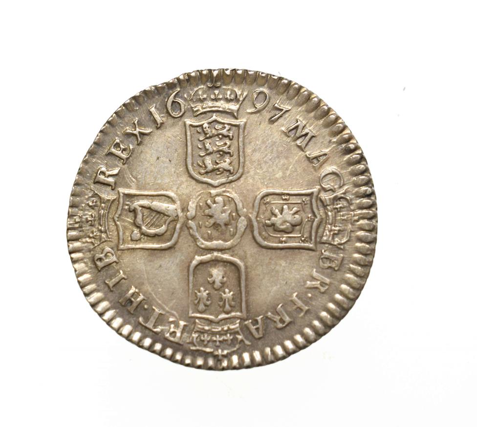 William III, 1697 Bristol Mint Sixpence. Obv: Laureate and draped bust right, B below for Bristol - Image 2 of 2