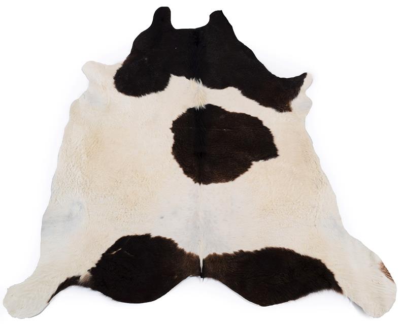 Skins/Hides: A Cow Hide Rug (Bos taurus), modern, a dark brown and white patterned cow hide rug,