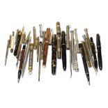 A collection of assorted silver, white metal and plated pens, pencils and other items, together with