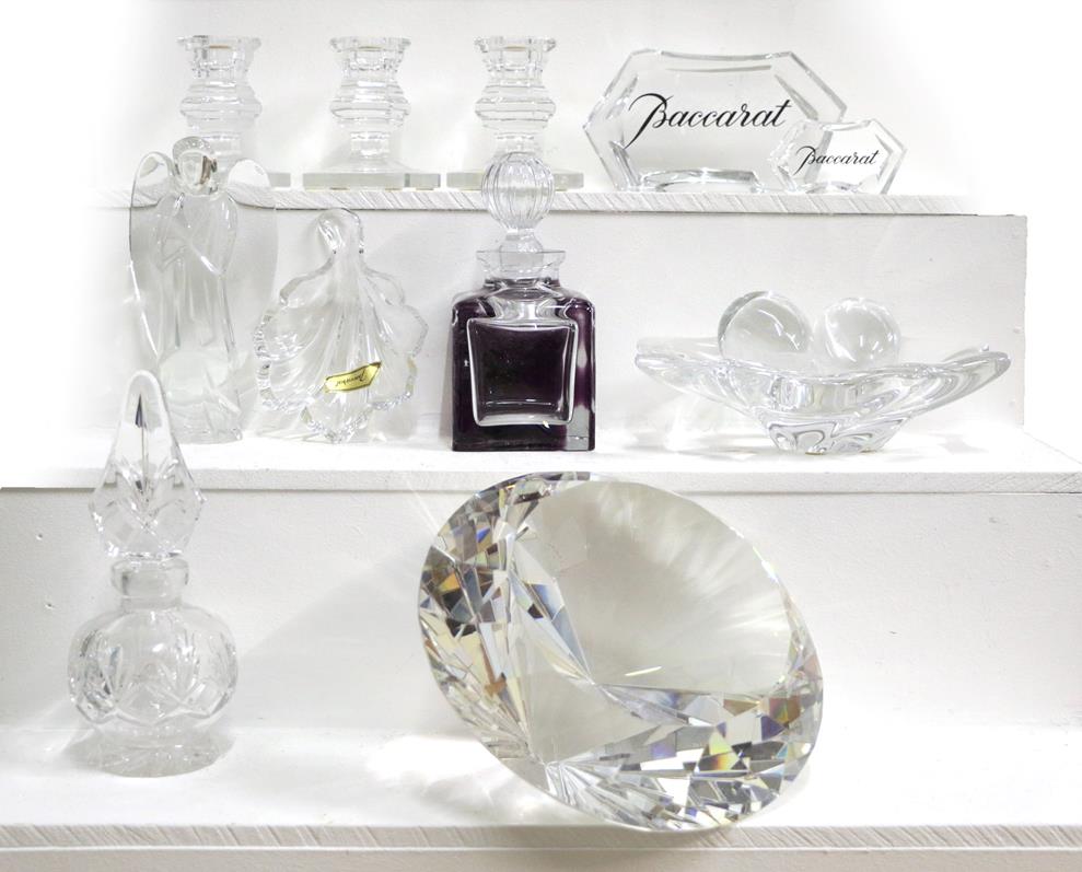 A boxed Rosenthal crystal diamond and a quantity of Baccarat glass including a statue of an angel,