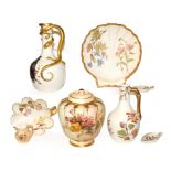 A collection of Royal Worcester blush ware, including a lizard handled ewer painted with an owl,