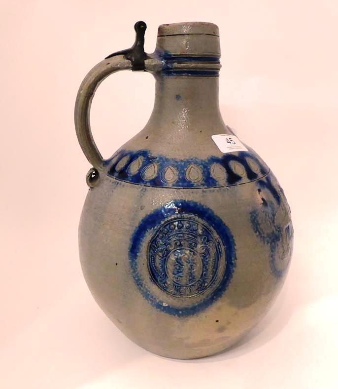 Two 18th century German Westerwald salt glazed stoneware flagons, one with a Royal monogram GR, - Image 12 of 20