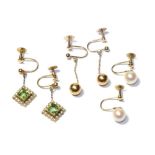 A pair of peridot and split pearl drop earrings, stamped '9CT', length 2.3cm together with two