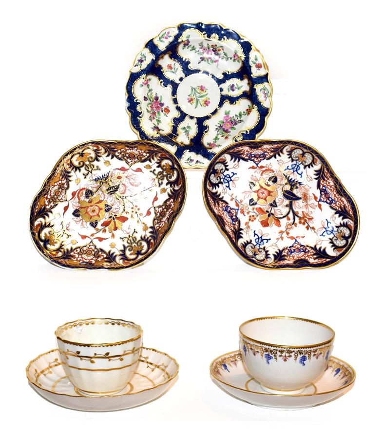 A Derby porcelain tea bowl and saucer, circa 1790, painted in blue, pink and gilt with a band of - Image 2 of 2